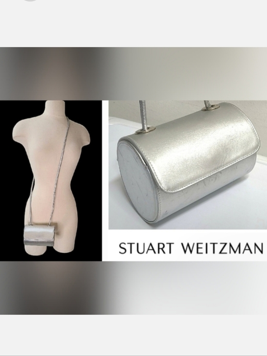 Stuart Weitzman Handbags - Stuart Weitzman VINTAGE Silver Satin Round Crossbody Bag with Leather Strap